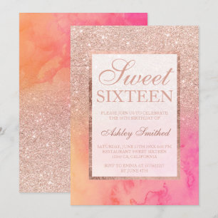 Invitation Faux or rose ombre rose pâle aquarelle Sweet 16