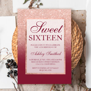 Invitation Faux or rose pailleté ombre burgundy Sweet 16