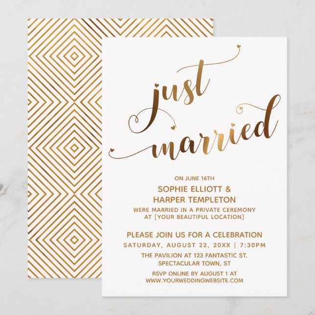 Invitation Faux Or sur Fond Blanc Événement Post-Nuptial Just (Devant / Derrière)