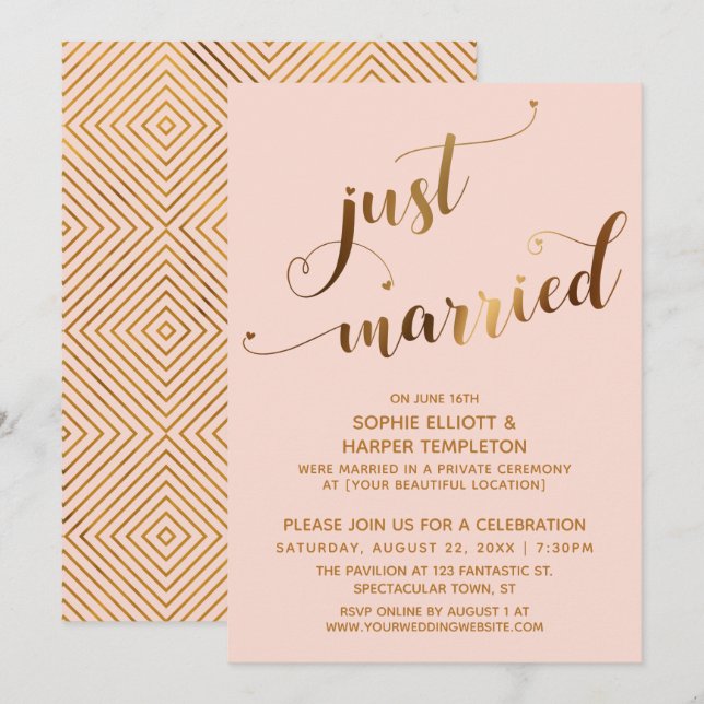 Invitation Faux Or sur Rose Juste Mariés Après-Mariage (Devant / Derrière)