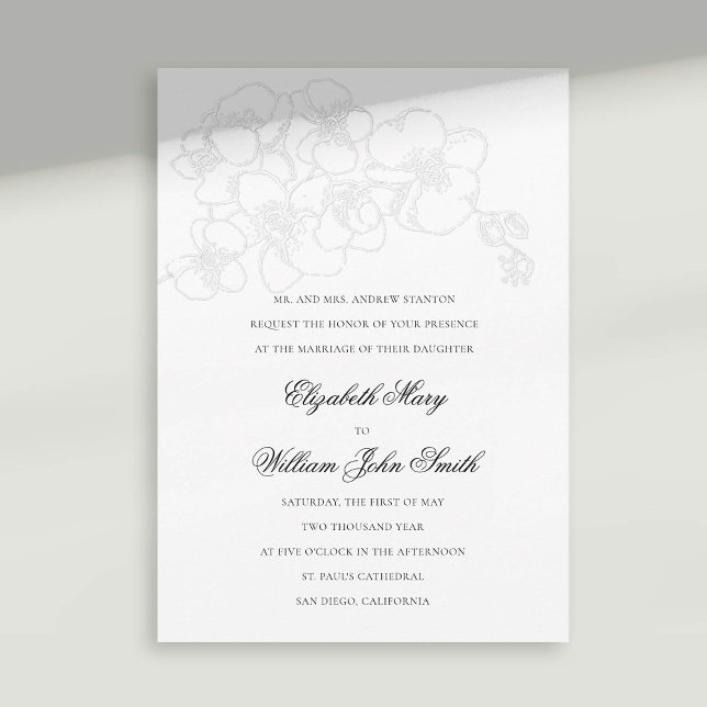 Invitation Faux Orchidées Blanches Embossées Mariage Élégant (orchid wedding invitation faux embossed white black formal traditional elegant modern classic)