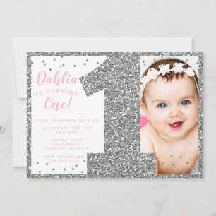 Invitation Faux Pailleté Argent et Rose Premier Anniversaire