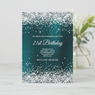 Invitation Faux Pailleté Argent Pailleté Turquoise Foncé Feui