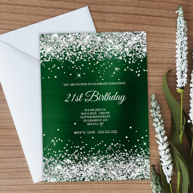 Invitation Faux Pailleté Argent Pailleté Vert Foncé Feuille (Create your own dark green birthday invitation.)