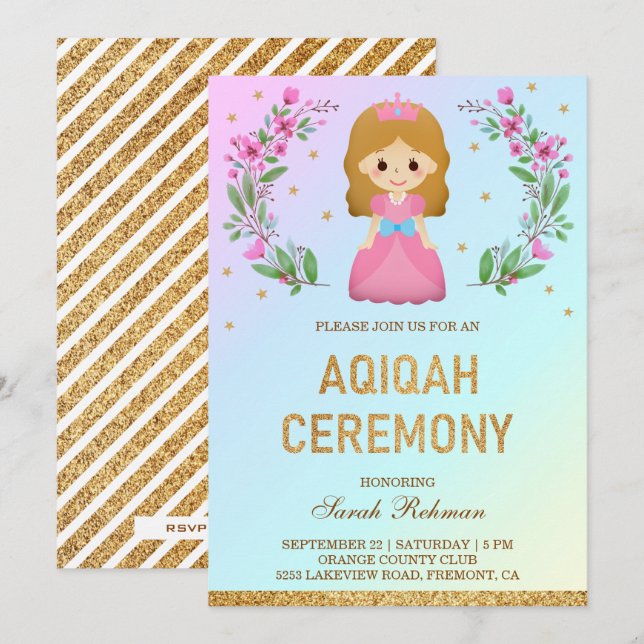 Invitation Faux Pailleté Doré Mignon Princesse Aqiqah (Devant / Derrière)