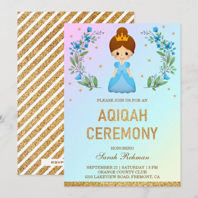 Invitation Faux Pailleté Doré Mignon Princesse Aqiqah (Devant / Derrière)