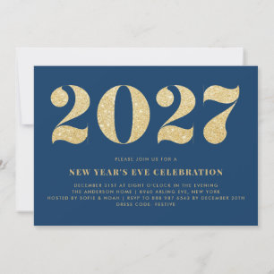Invitation Faux Pailleté Or Bleu Soirée Nouvel An 2026