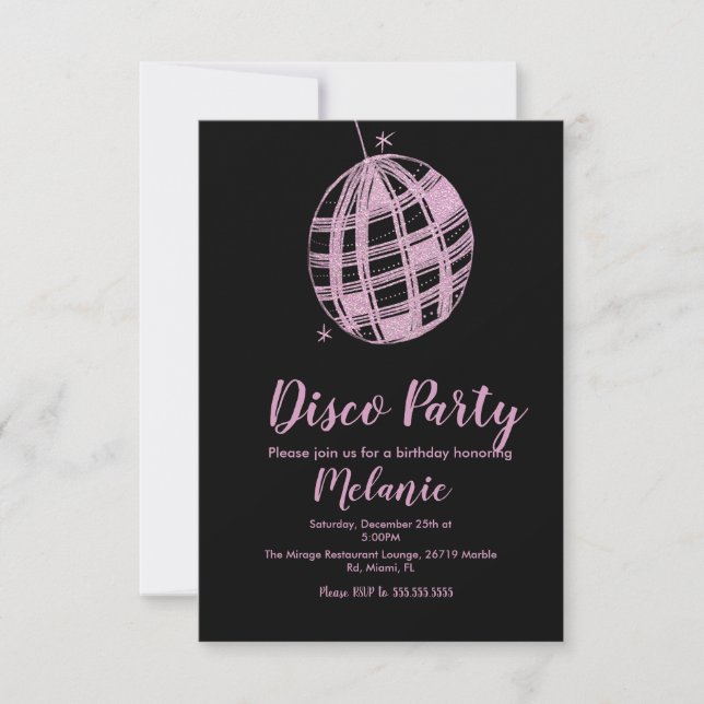 Invitation Faux Pailleté Rose Balle de Fête Disco Moderne (Devant)