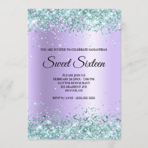 Invitation Faux Pailleté Sarcelle Lavande Satin Feuille Sweet