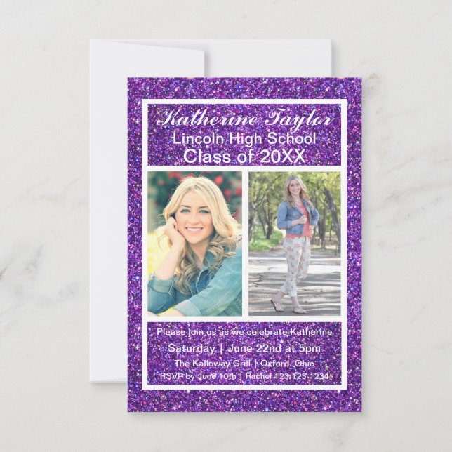 Invitation Faux Pailleté Violet - Annonce de Diplôme 3x5 (Devant)