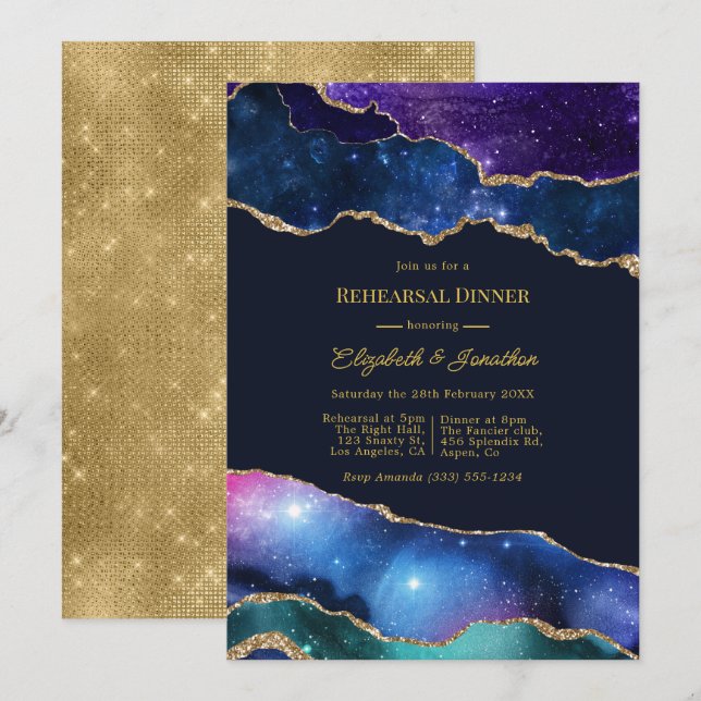 Invitation Faux Paillettes Agate Céleste Dîner de Répétition (Devant / Derrière)