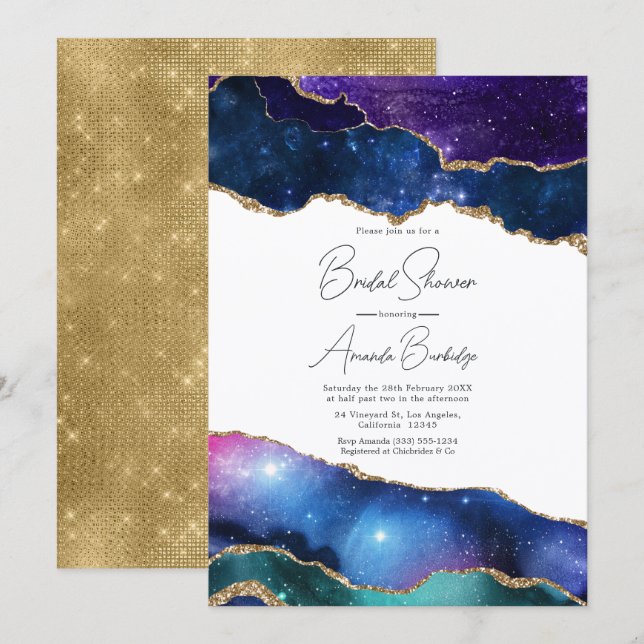 Invitation Faux Paillettes Agate Cosmique Céleste Réception d (Devant / Derrière)