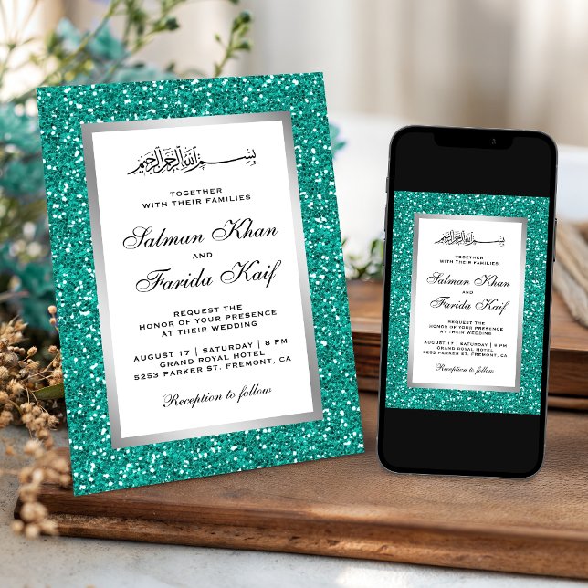 Invitation Faux papier d'argent sarcelle paillettes Mariage i (Créateur téléchargé)