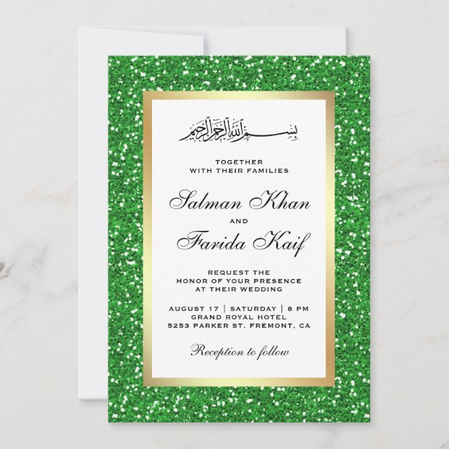 Invitation Faux papier doré Mariage Islamique Paillettes Vert (Devant)
