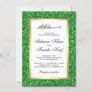 Invitation Faux papier doré Mariage Islamique Paillettes Vert