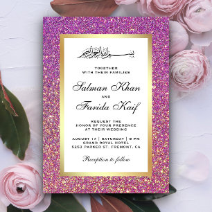 Invitation Faux papier doré Mariage islamique paillettes viol