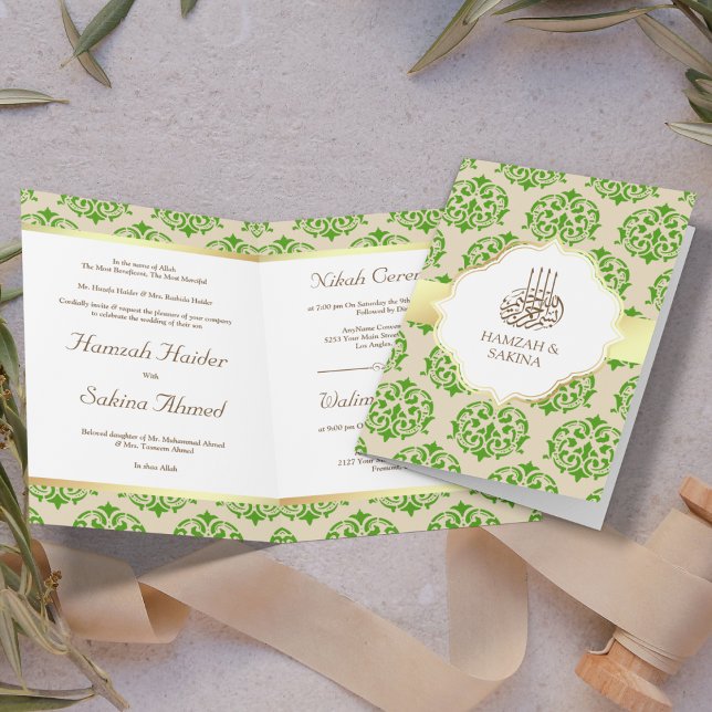 Invitation Faux papier doré perle vert damasque mariage musul (Créateur téléchargé)