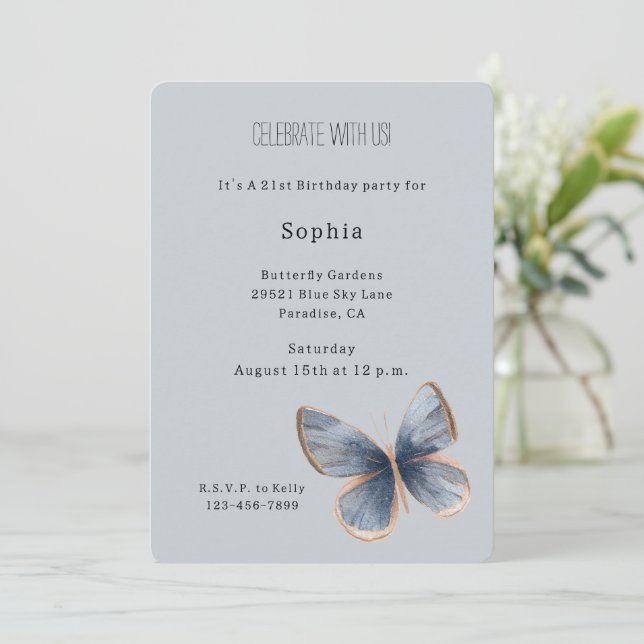 Invitation Faux Papillon En Denim Bleu Anniversaire (Debout devant)