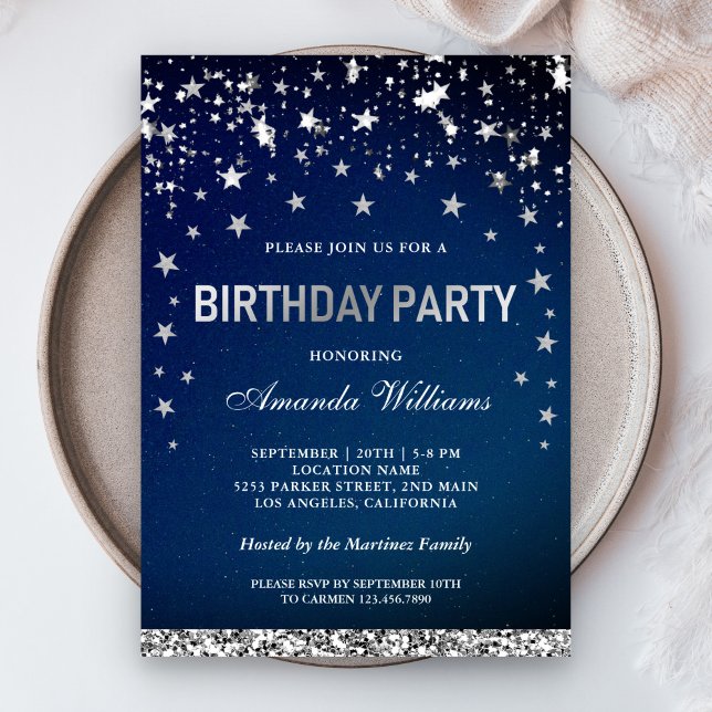 Invitation Faux Parties scintillant Argent Étoiles Confetti f (Créateur téléchargé)