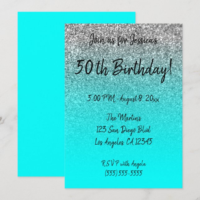 Invitation Faux Parties scintillant d'argent Aqua Ombre 50e a (Devant / Derrière)