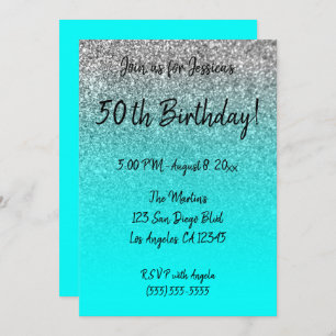 Invitation Faux Parties scintillant d'argent Aqua Ombre 50e a