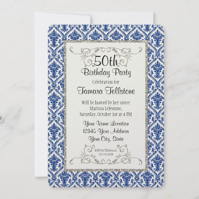Invitation Faux Parties scintillant d'argent Damask motif flo (Devant)