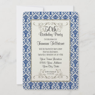 Invitation Faux Parties scintillant d'argent Damask motif flo