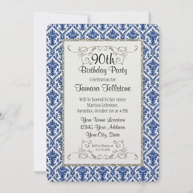 Invitation Faux Parties scintillant d'argent Damask motif flo (Devant)