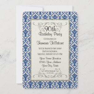 Invitation Faux Parties scintillant d'argent Damask motif flo