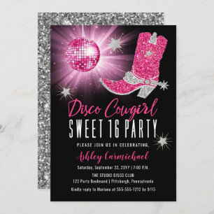 Invitation Faux Parties scintillant Disco Rose Cowgirl Sweet