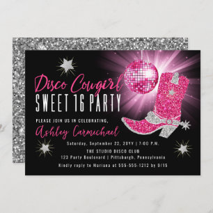 Invitation Faux Parties scintillant Disco Rose Cowgirl Sweet