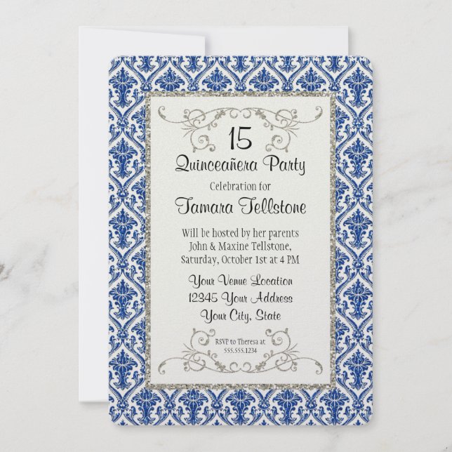 Invitation Faux Parties scintillant en argent Damask Quincean (Devant)