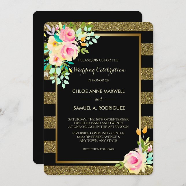 Invitation Faux Parties scintillant Gold Stripe Rose Faire-pa (Devant / Derrière)