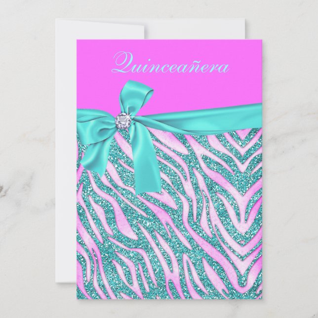 Invitation Faux Parties scintillant rose chic Zebra Quinceane (Devant)