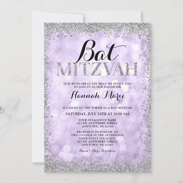 Invitation Faux Parties scintillant violet argenté Bat mitzva (Devant)
