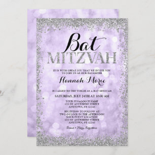 Invitation Faux Parties scintillant violet argenté Bat mitzva