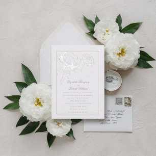Invitation Faux Peonies Embossées Ivory Formal Elégant Mariag