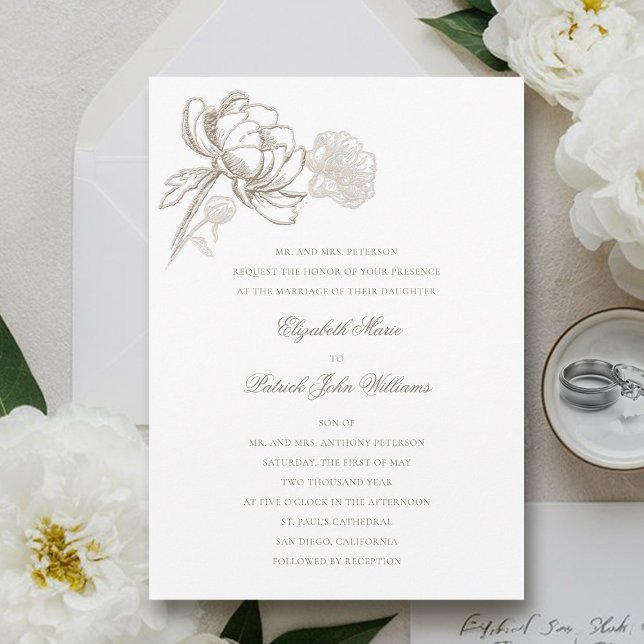 Invitation Faux Peonies Embossées Mariage classique formel (peony wedding invitation formal traditional elegant calligraphy modern classic bride parents)