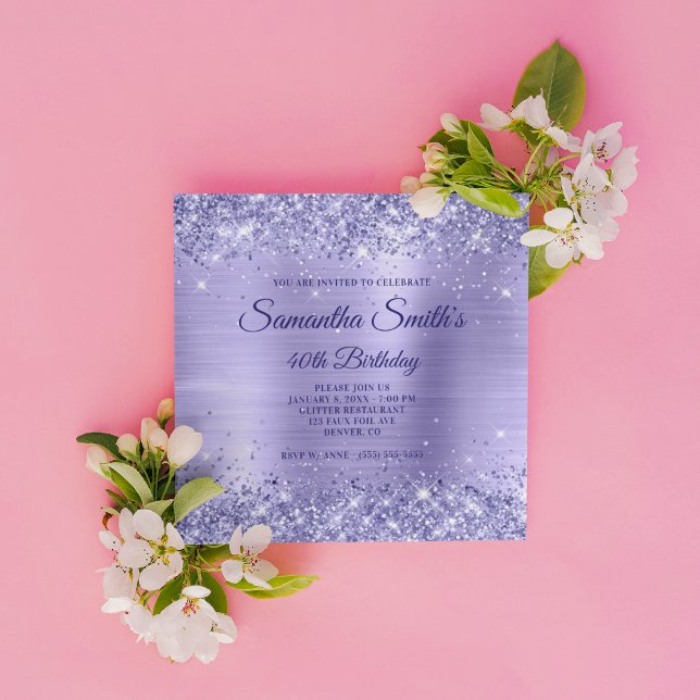 Invitation Faux Periwinkle Parties scintillant et Foil 40e an (Create your own milestone birthday invitation for her.)