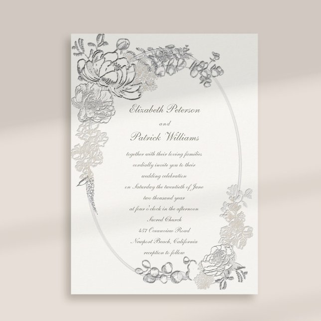 Invitation Faux Pivoines Gauffrées Calligraphie Perle Mariage (peony wedding invitation floral oval frame formal traditional elegant calligraphy pearl classic)