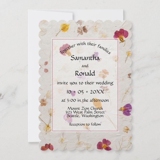 Invitation Faux Pressé Fleurs Mariage de style papier (Devant)