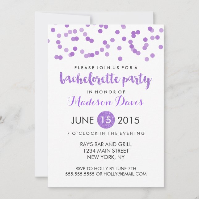 Invitation Faux Purple Parties scintillant Bachelorette (Devant)