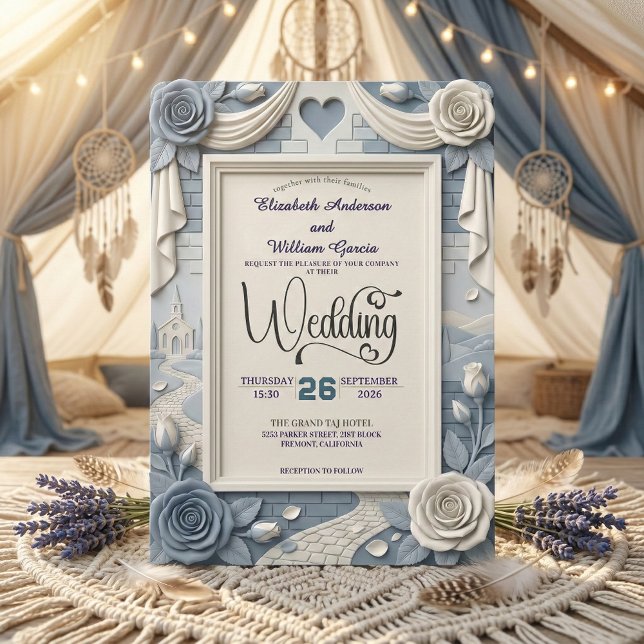 Invitation Faux relief 3D bleu poussiéreux floral mariage (Créateur téléchargé)