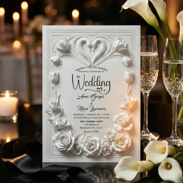 Invitation Faux relief floral blanc monogrammé en relief pour (Créateur téléchargé)