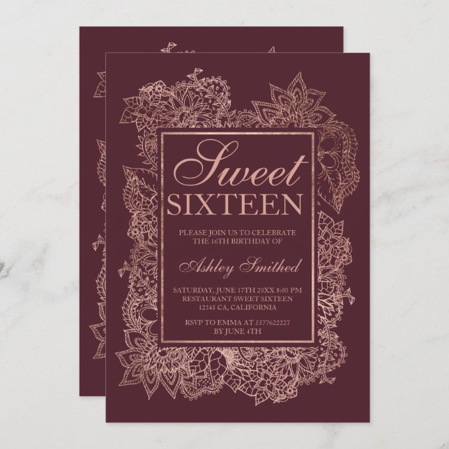Invitation Faux rose d'or moderne burgundy Sweet 16 (Devant / Derrière)