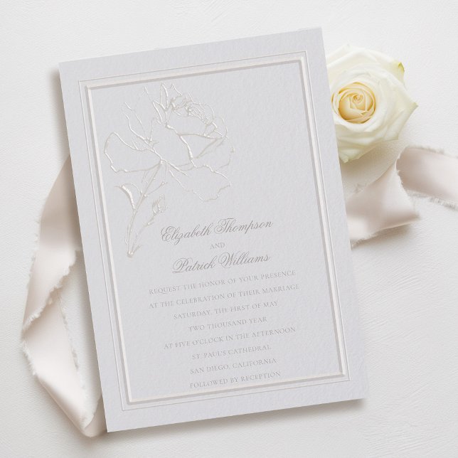 Invitation Faux Rose Embossé Cadre ivoire Mariage officiel (faux embossed rose double frame wedding invitation modern classic traditional formal ivory)