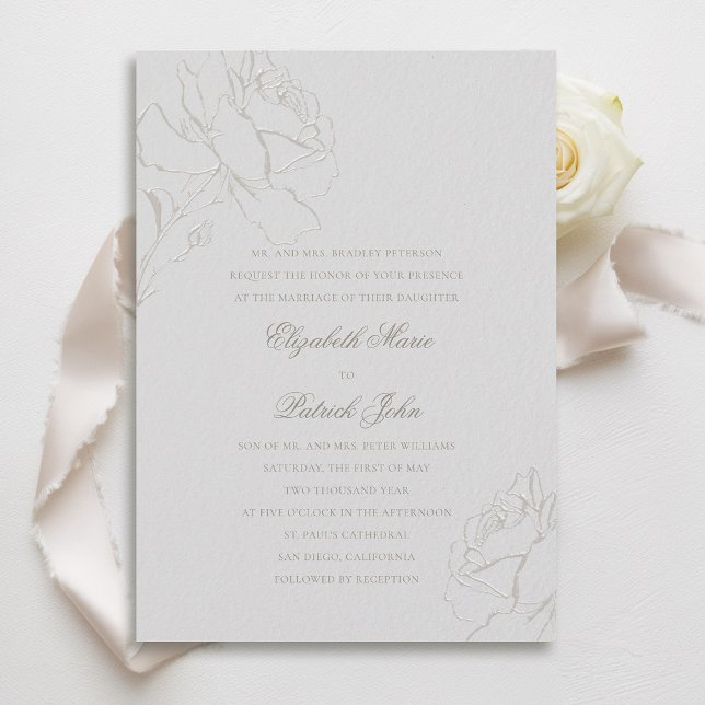 Invitation Faux Rose Embossés Ivory Formal Parents Mariage (faux embossed roses wedding invitation modern classic traditional formal ivory champagne parents)