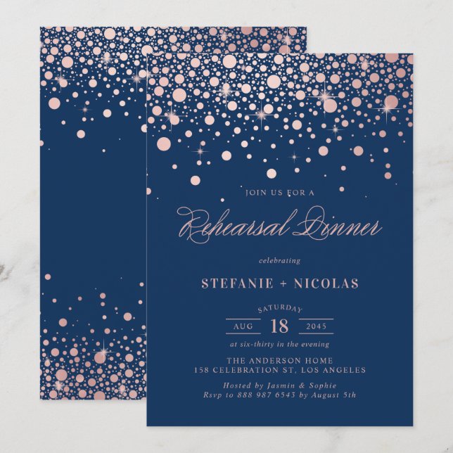 Invitation Faux Rose Gold Confetti | Dîner de répétition bleu (Devant / Derrière)