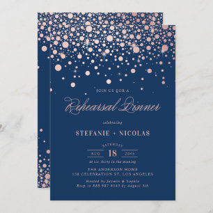 Invitation Faux Rose Gold Confetti   Dîner de répétition bleu