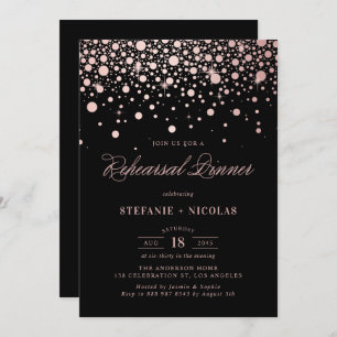 Invitation Faux Rose Gold Confetti Dîner de répétition noire